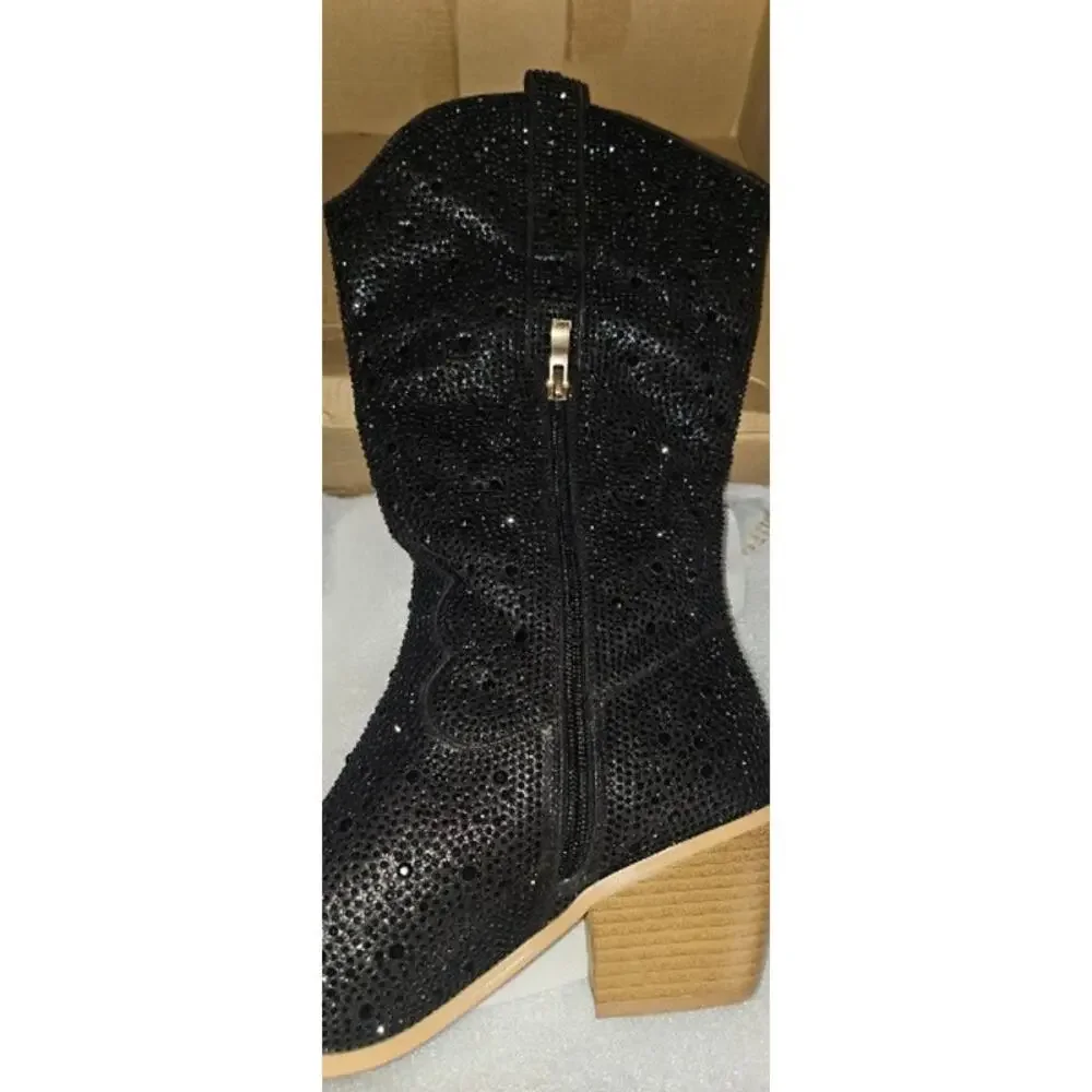Er. MSRP $131 NWB IDIFU BLACK RHINESTONE MID CALF WESTERN COWBOY BOOTS ♡SIZE 8♡
